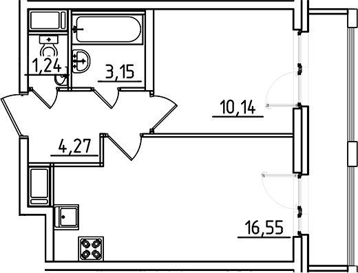 Планировка евродвушка (2Е) 37.08 м² в ЖК «Старлайт», корпус 1