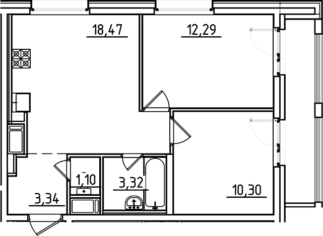 Планировка евротрёшка (3Е) 50.49 м² в ЖК «Старлайт», корпус 1