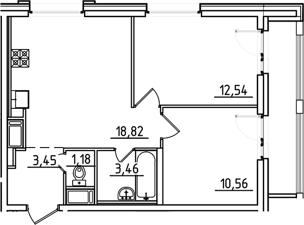 Планировка евротрёшка (3Е) 51.68 м² в ЖК «Старлайт», корпус 1