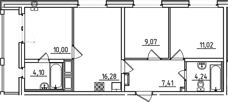 Планировка евро-4 (4Е) 63.63 м² в ЖК «Старлайт», корпус 1