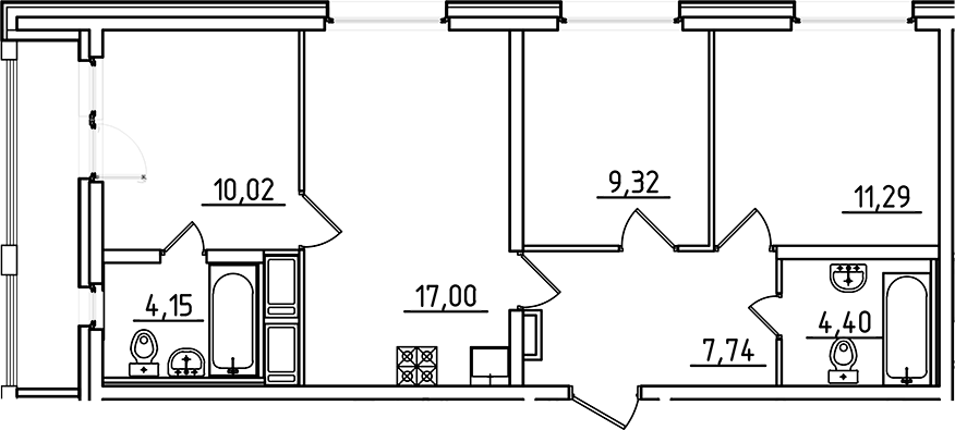 Планировка евро-4 (4Е) 65.43 м² в ЖК «Старлайт», корпус 1