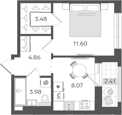 Планировка однокомнатная 33.2 м² в ЖК «СТАВНИ Обводный», корпус 1