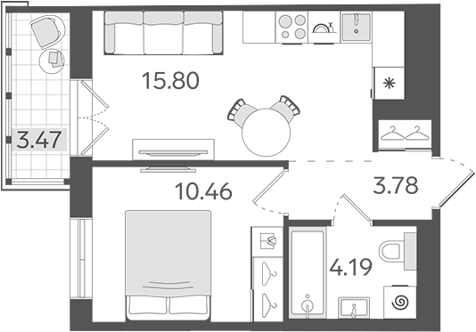 Планировка евродвушка (2Е) 35.27 м² в ЖК «СТАВНИ Обводный», корпус 1