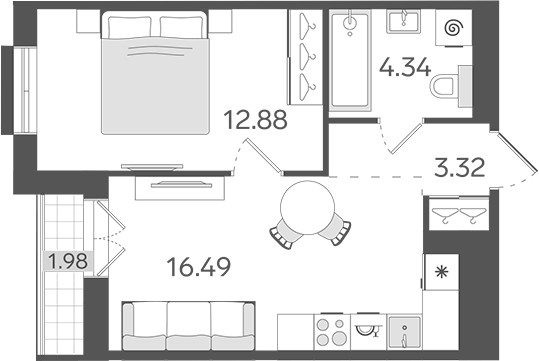 Планировка евродвушка (2Е) 38.02 м² в ЖК «СТАВНИ Обводный», корпус 1