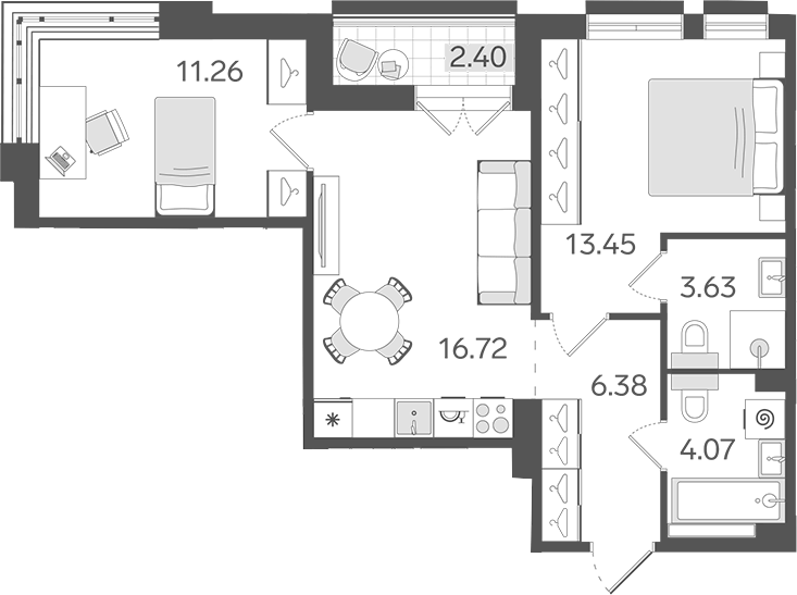Планировка евротрёшка (3Е) 56.71 м² в ЖК «СТАВНИ Обводный», корпус 1
