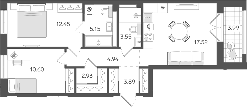 Планировка евротрёшка (3Е) 63.03 м² в ЖК «СТАВНИ Обводный», корпус 1