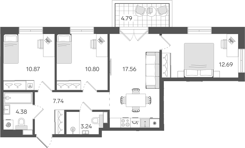 Планировка евро-4 (4Е) 68.72 м² в ЖК «СТАВНИ Обводный», корпус 1