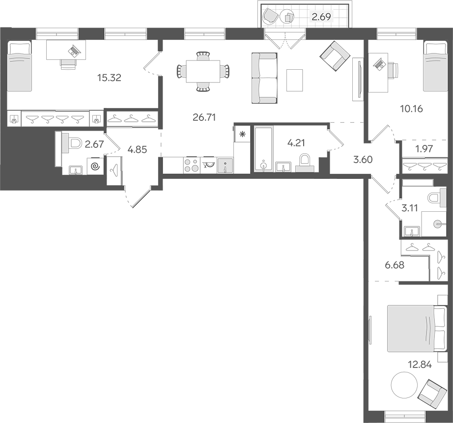 Планировка евро-4 (4Е) 92.93 м² в ЖК «СТАВНИ Обводный», корпус 1