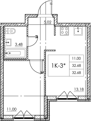 Планировка однокомнатная 32.68 м² в ЖК «Стороны света 2», корпус 17