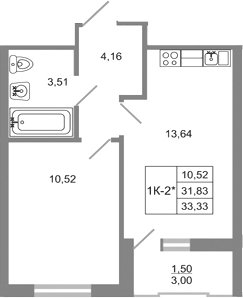 Планировка однокомнатная 33.33 м² в ЖК «Стороны света 2», корпус 18