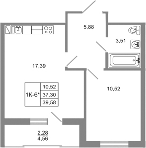 Планировка евродвушка (2Е) 39.58 м² в ЖК «Стороны света 2», корпус 18
