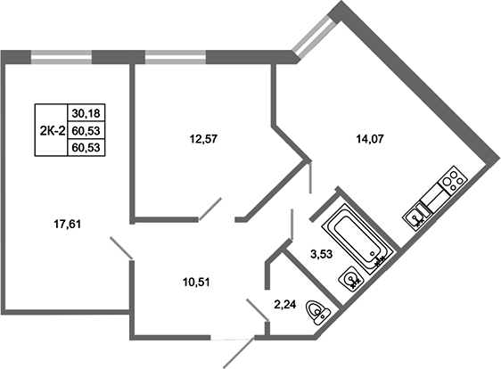 Планировка двухкомнатная 60.53 м² в ЖК «Стороны света 2», корпус 19