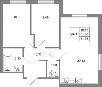 Планировка евротрёшка (3Е) 51.36 м² в ЖК «Стороны света 2», корпус 18