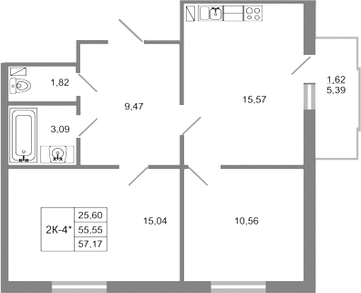 Планировка евротрёшка (3Е) 57.17 м² в ЖК «Стороны света 2», корпус 18