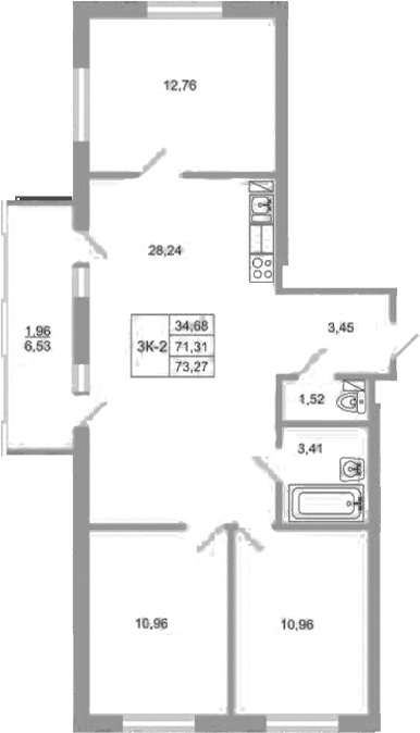 Планировка евро-4 (4Е) 73.27 м² в ЖК «Стороны света 2», корпус 20