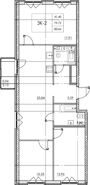Планировка евро-4 (4Е) 80.66 м² в ЖК «Стороны света 2», корпус 17