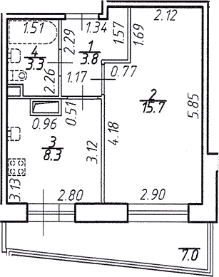 Планировка однокомнатная 33.2 м² в ЖК «Стороны Света», корпус 24 Север