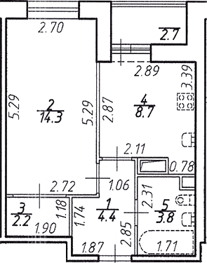 Планировка однокомнатная 34.8 м² в ЖК «Стороны Света», корпус 24 Север
