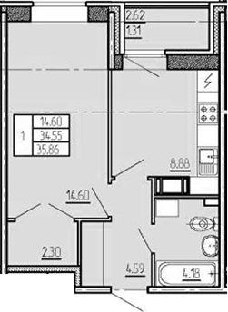 Планировка однокомнатная 34.8 м² в ЖК «Стороны Света», корпус 26 Запад