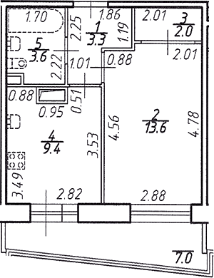 Планировка однокомнатная 34 м² в ЖК «Стороны Света», корпус 24 Север