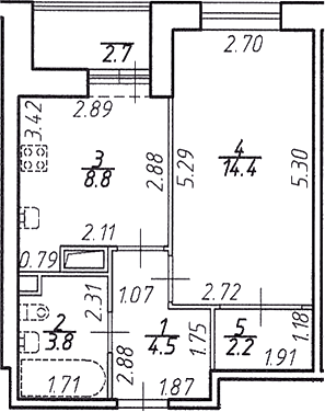 Планировка однокомнатная 35.1 м² в ЖК «Стороны Света», корпус 24 Север