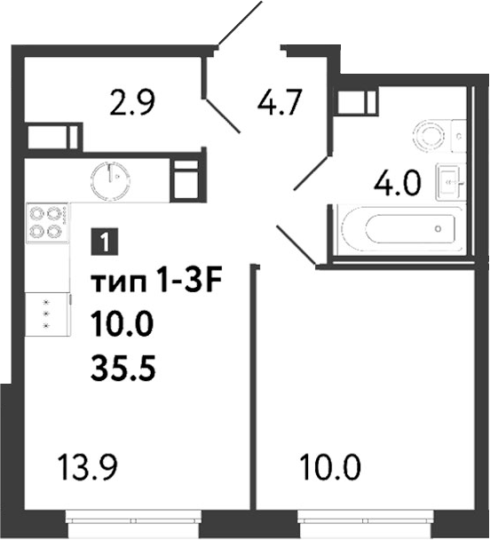 Планировка однокомнатная 35.5 м² в ЖК «Струны», корпус 7