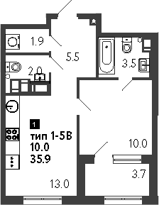 Планировка однокомнатная 37.75 м² в ЖК «Струны», корпус 4