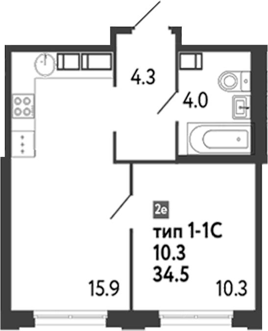 Планировка евродвушка (2Е) 34.5 м² в ЖК «Струны», корпус 6