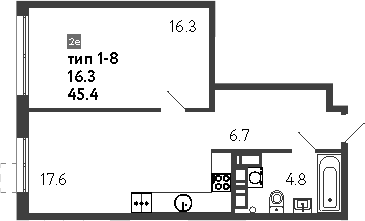 Планировка евродвушка (2Е) 45.4 м² в ЖК «Струны», корпус 1