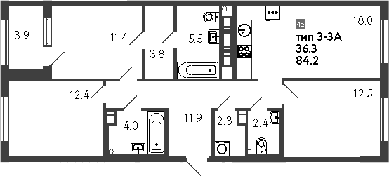 Планировка евро-4 (4Е) 86.15 м² в ЖК «Струны», корпус 2