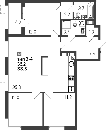 Планировка евро-4 (4Е) 90.6 м² в ЖК «Струны», корпус 4