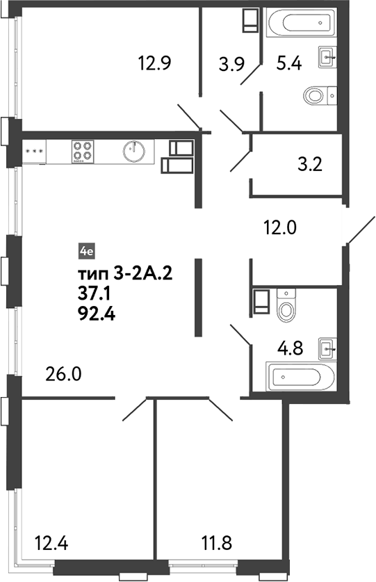 Планировка евро-4 (4Е) 92.4 м² в ЖК «Струны», корпус 5