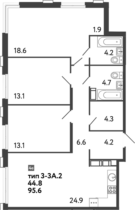 Планировка евро-4 (4Е) 95.6 м² в ЖК «Струны», корпус 5