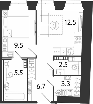 Планировка однокомнатная 40 м² в ЖК «Светоч», корпус Б