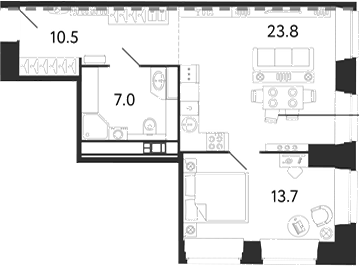 Планировка евродвушка (2Е) 55 м² в ЖК «Светоч», корпус В