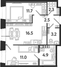 Планировка двухкомнатная 52.1 м² в ЖК «Светоч», корпус В