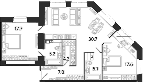 Планировка евротрёшка (3Е) 87.5 м² в ЖК «Светоч», корпус В