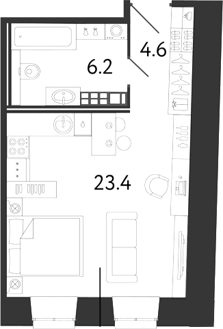 Планировка Студии 34.2 м² в ЖК «Светоч», корпус Б