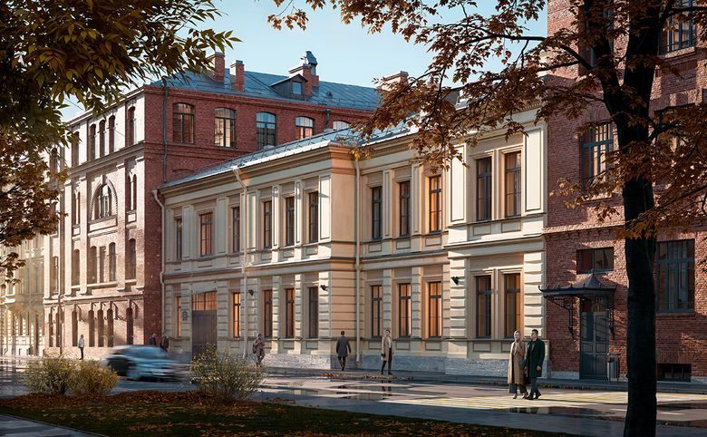 Светоч — Фасад с освещёнными окнами вечером — видно, что первые этажи