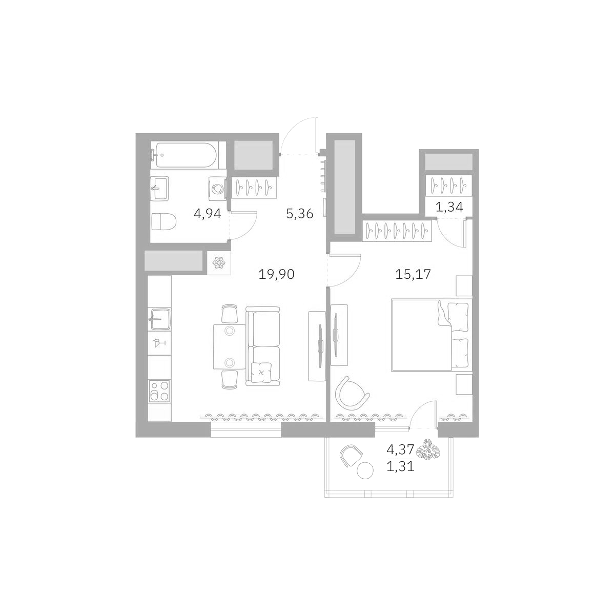 Планировка евродвушка (2Е) 47 м² в ЖК «Talento», корпус 1