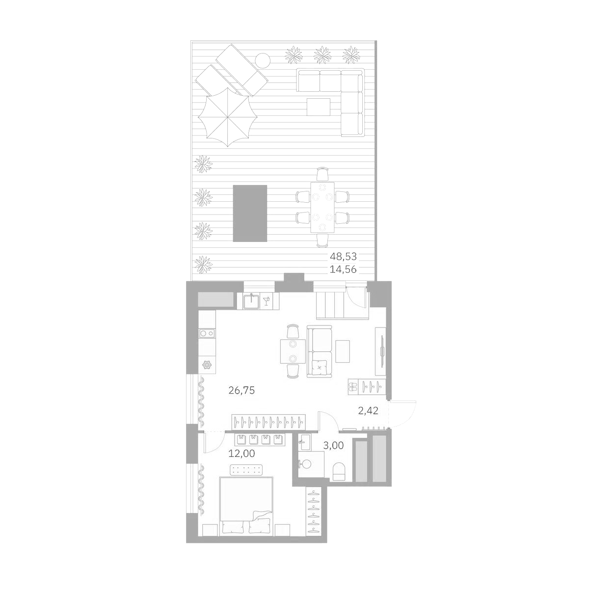 Планировка евродвушка (2Е) 60.6 м² в ЖК «Talento», корпус 1