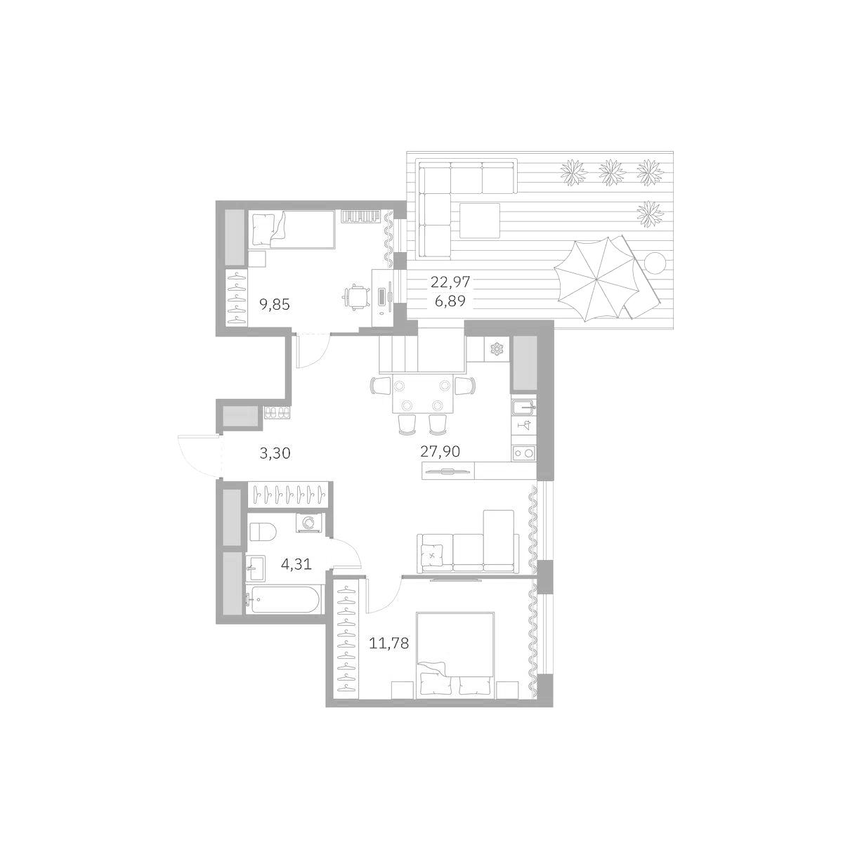 Планировка евротрёшка (3Е) 64.3 м² в ЖК «Talento», корпус 1