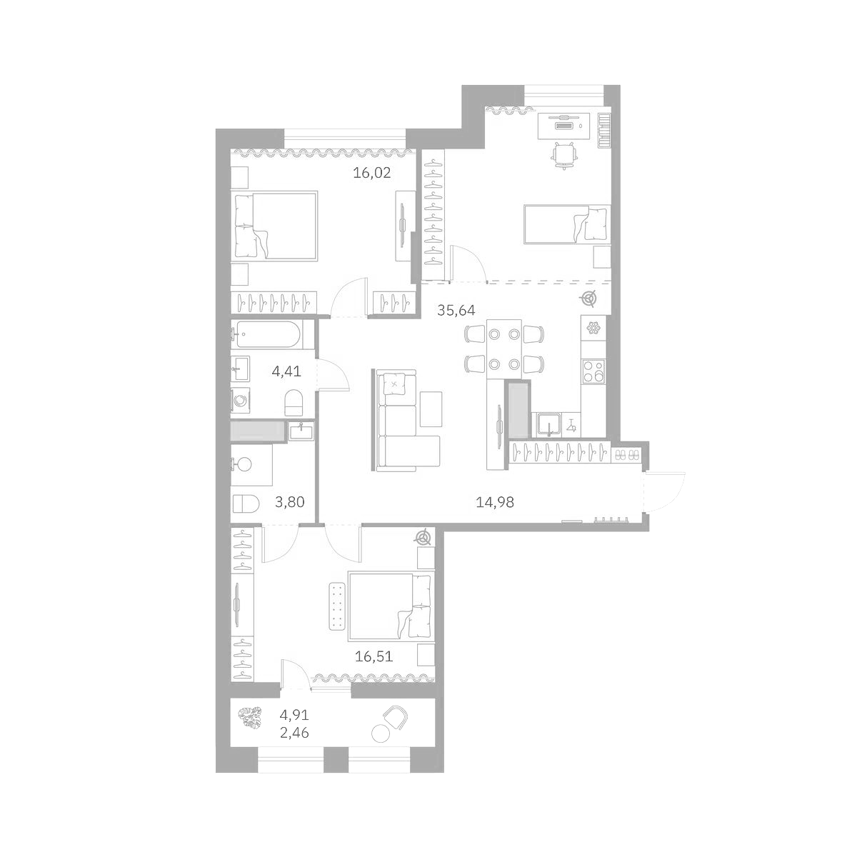 Планировка евротрёшка (3Е) 94.6 м² в ЖК «Talento», корпус 1