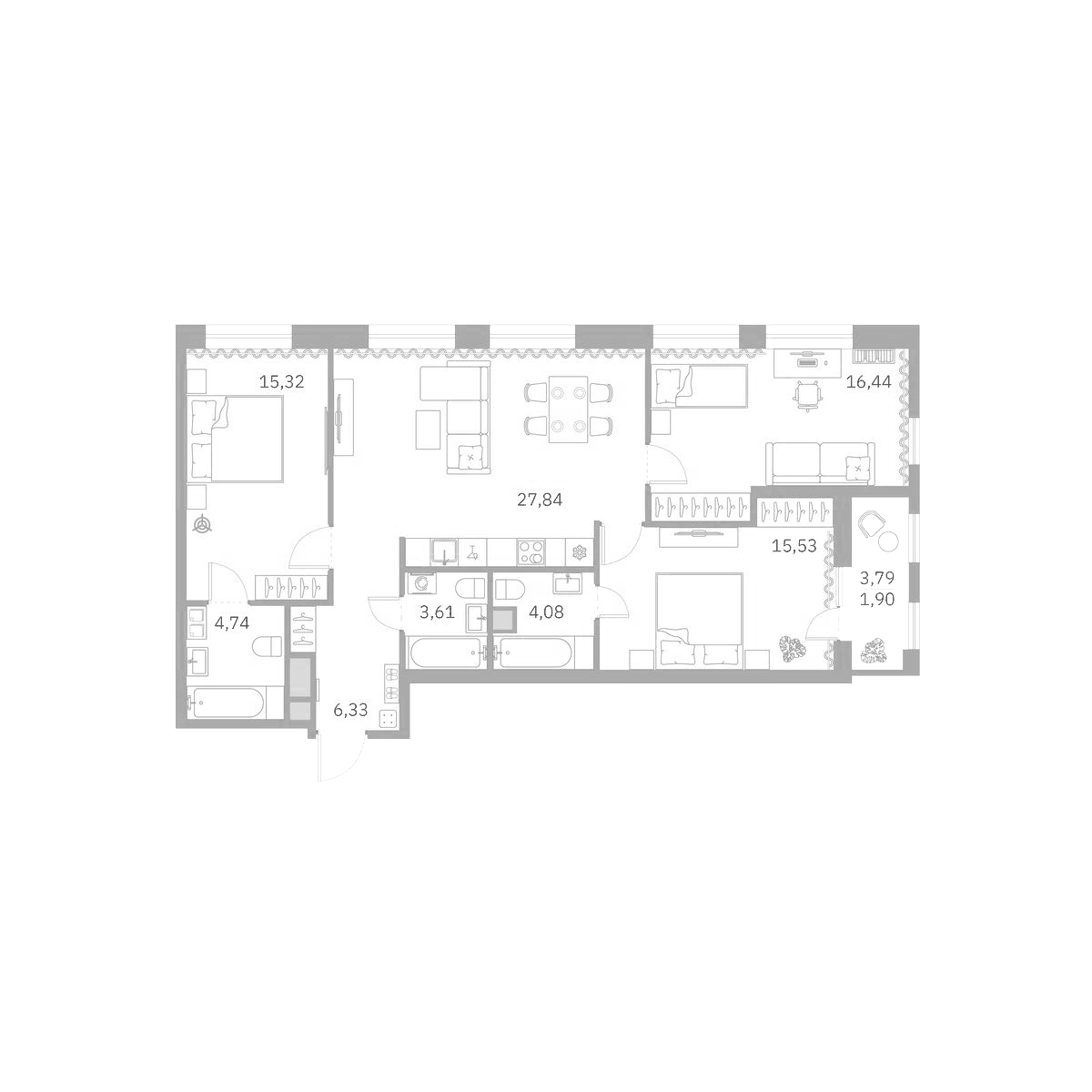 Планировка евро-4 (4Е) 96.5 м² в ЖК «Talento», корпус 1