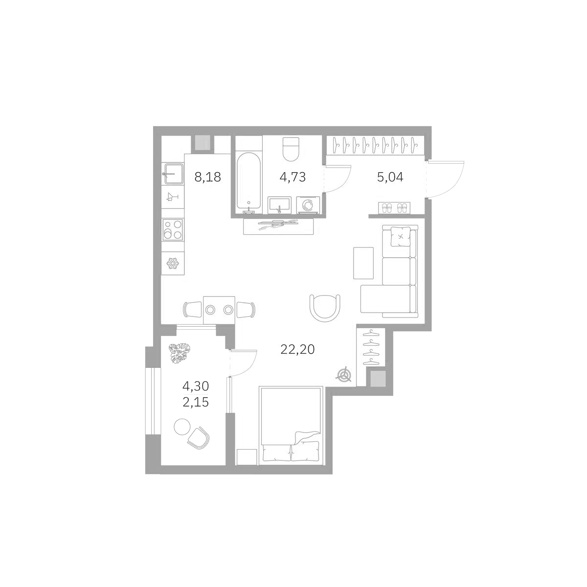 Планировка Студии 43 м² в ЖК «Talento», корпус 1