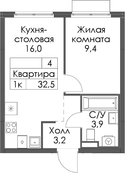 Планировка евродвушка (2Е) 32.5 м² в ЖК «Таллинский парк», корпус 5.2