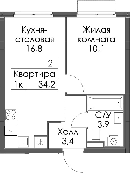 Планировка евродвушка (2Е) 34.2 м² в ЖК «Таллинский парк», корпус 5.2