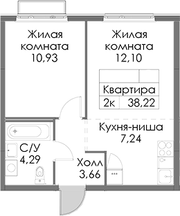 Планировка евродвушка (2Е) 38.22 м² в ЖК «Таллинский парк», корпус 4.1