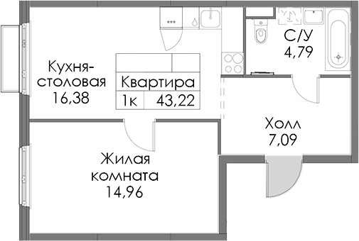 Планировка евродвушка (2Е) 43.22 м² в ЖК «Таллинский парк», корпус 4.2