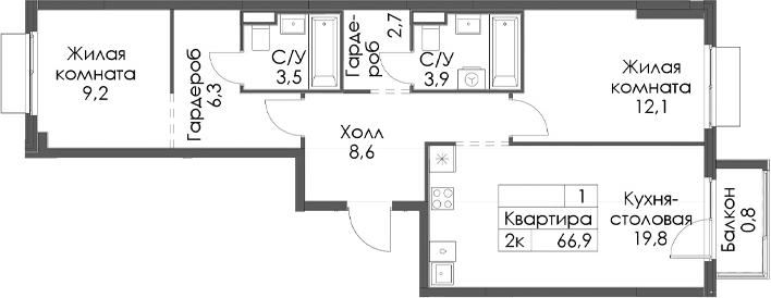Планировка евротрёшка (3Е) 66.9 м² в ЖК «Таллинский парк», корпус 5.2